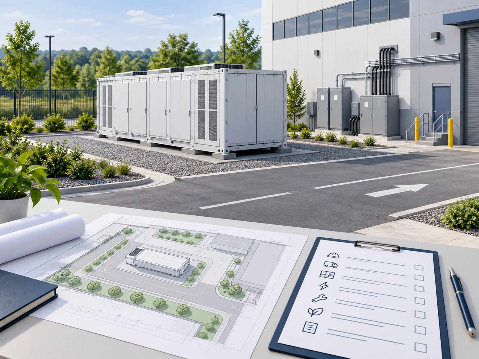 AI-generated illustration of storage site planning, equipment and a budget checklist